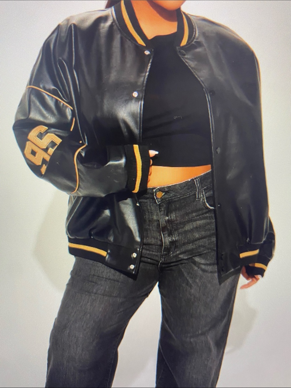 NWT Fashion Nova Black Varsity Faux Leather Jacket with Gold Trim - Picture 10 of 14